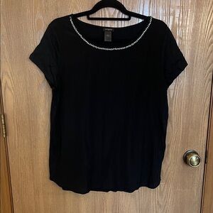 Ann Taylor Black Short Sleeve Top with Embellished Neckline